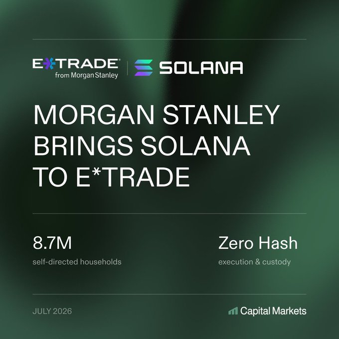 A promotional graphic announces "MORGAN STANLEY BRINGS SOLANA TO E*TRADE" with the E*TRADE and Solana logos, noting 8.7M self-directed households and Zero Hash execution & custody, dated July 2026.