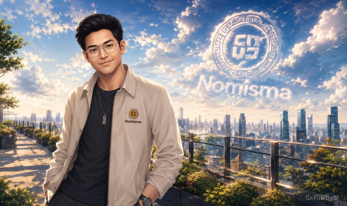The image features a man wearing glasses standing next to a fence with buildings in the background, possibly representing a cityscape. The caption reads "i know people want to know why Nomisma?" which seems unrelated to the main subject of the image. However, there is an overlay that says "nomisma" on it, which might be related to the man's name or something else in the scene.