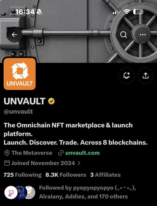 A mobile app profile page for 'UNVAULT' (@unvault), described as 'The Omnichain NFT marketplace & launch platform' with 8.3K followers, joined November 2024.