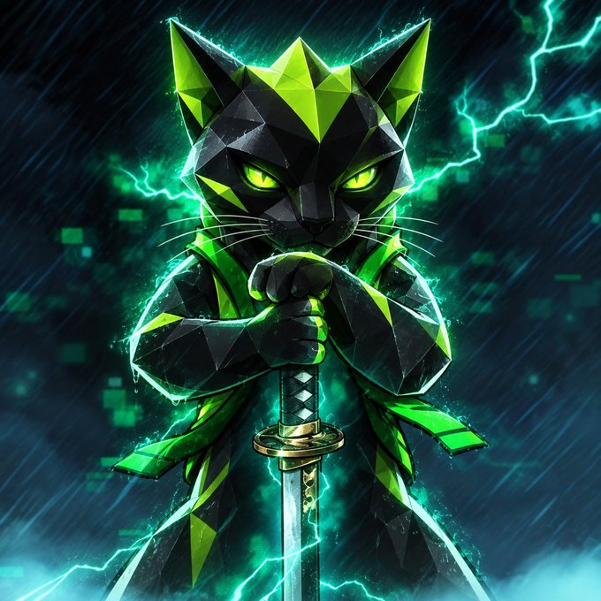 A low-poly, geometric black cat samurai wielding a katana, surrounded by electric green lightning and glowing emerald eyes, channels the high-voltage, meme-energy aesthetic of $BANGERCAT — the viral Robinhood charity memecoin for cats. The fierce, neon-soaked feline embodies the coin's edgy branding and rapid social media momentum.