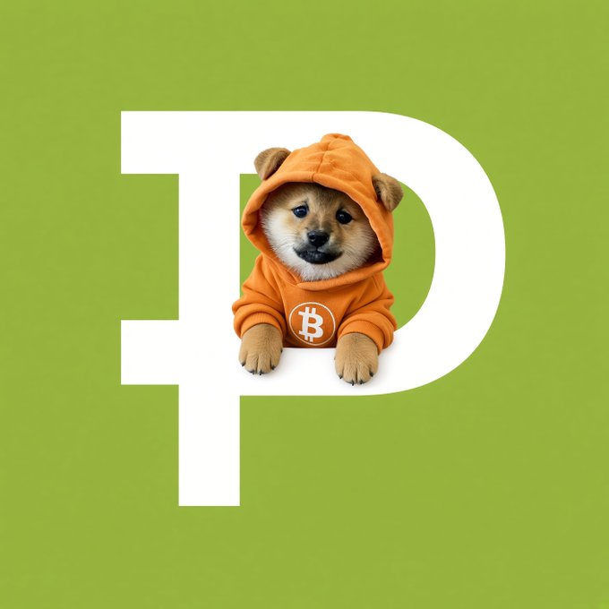 A Shiba Inu puppy in an orange Bitcoin hoodie overlaid on a white Dogecoin-style 'Ð' symbol against a green background.