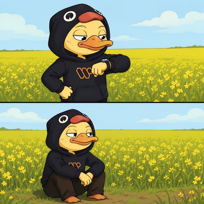 The image features a cartoon duck wearing a hoodie with the word "Wallchain" written on it, sitting in a field of yellow flowers. The duck appears to be contemplating something or observing its surroundings while wearing a watch. The scene captures two different moments of the cartoon duck's experience in the field, showcasing how the leaderboard and visibility can change throughout the day.