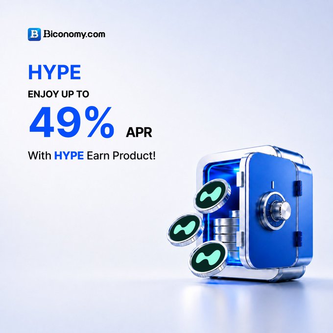 A promotional graphic for Biconomy.com advertising their 'HYPE' product offering 'up to 49% APR,' featuring a 3D rendering of a blue safe with coins floating out.
