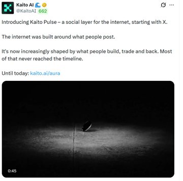 The image shows a tweet from Kaito AI (@KaitoAI) announcing the launch of "Kaito Pulse," described as a social layer for the internet, starting with X, accompanied by a black-and-white video thumbnail (0:45) showing what appears to be a figure in a spotlight. The tweet contrasts sharply with the accompanying post's critical commentary about $KAITO's 75% crash and the questionable quality of Kaito Pulse as a product.