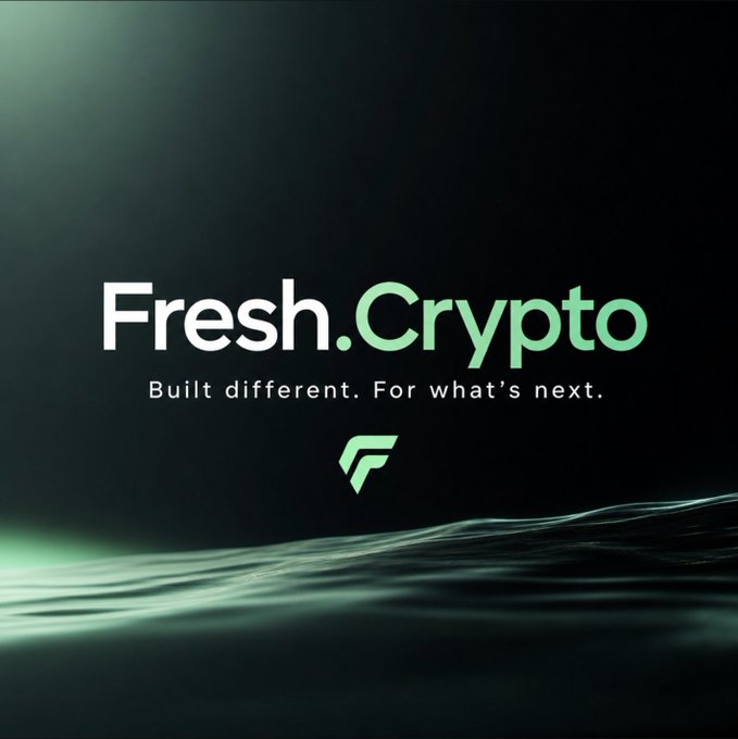 A sleek, minimalist digital graphic displaying the text 'Fresh.Crypto' and the tagline 'Built different. For what's next.' in white and green over a dark, wavy background.