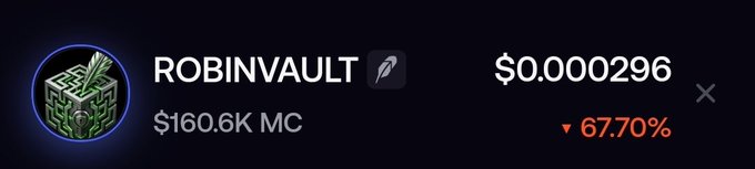 A crypto token listing displays 'ROBINVAULT' with a price of $0.000296, a market cap of $160.6K, and a decline of 67.70%.