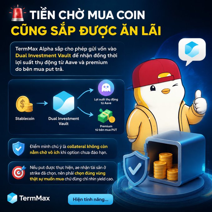 A promotional infographic in Vietnamese titled 'TIỀN CHỜ MUA COIN CŨNG SẮP ĐƯỢC ĂN LÃI' for TermMax, featuring a penguin mascot in a red cap and hoodie, explaining the 'Dual Investment Vault' feature that deposits funds into Aave for passive interest and put option premiums.