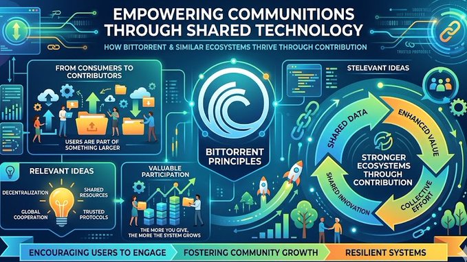 The image is a poster featuring a process flow that explains how shared technology can be used to facilitate participation and create value by encouraging users to participate in larger ecosystems. The concept of BitTorrent as an example is visible, highlighting how sharing technologies can foster community growth and innovation.