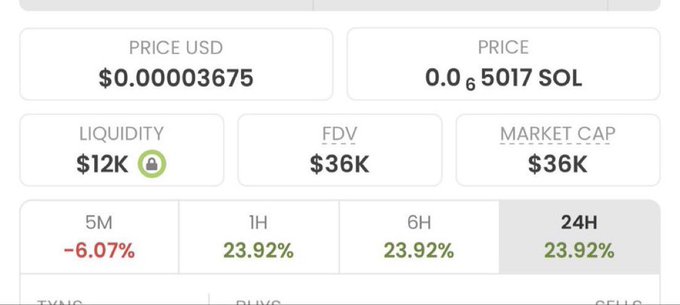 A screenshot of a cryptocurrency trading interface displays metrics for an unnamed token, including a price of $0.00003675 USD (0.0000005017 SOL), $12K liquidity, $36K FDV and market cap, with 24-hour gains of 23.92%. The image appears to illustrate the post's message about chasing high-multiple meme coin gains, likely showing one of the mentioned tokens like $penguin or $Troll experiencing recent price volatility.