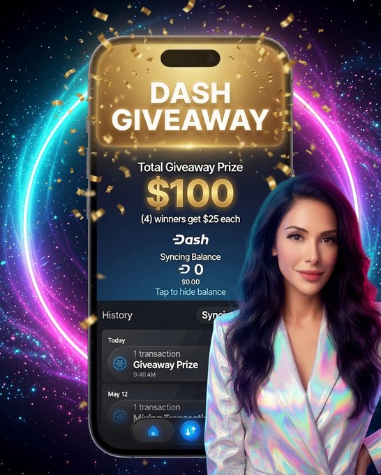 A woman with long dark hair stands beside a smartphone displaying a "$100 Dash Giveaway" promotion with text indicating "(4) winners get $25 each," visually promoting the $DASH cryptocurrency giveaway contest.