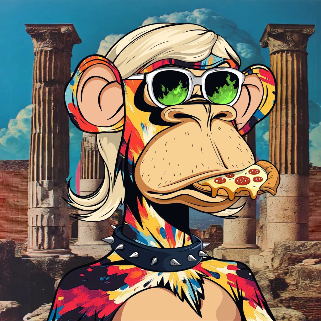 "The collection changes", which means that there are multiple images or elements within a single artwork, each with its own unique characteristics and purposes. In this case, the image features a monkey wearing sunglasses and holding a slice of pizza while standing next to some columns in an ancient building. The post is about how the vision doesn't change, meaning it remains consistent throughout the collection, providing a cohesive experience for viewers who engage with the artwork or series.
"The collection changes", which means that there are multiple images or elements within a single artwork, each with its own unique characteristics and purposes.