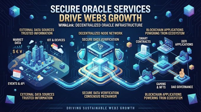 An infographic titled 'SECURE ORACLE SERVICES DRIVE WEB3 GROWTH' detailing WinkLink's decentralized oracle infrastructure, showing external data sources, decentralized node network, secure data verification, and blockchain applications powering the TRON ecosystem.