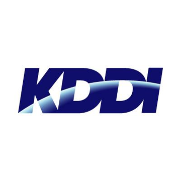 A simple white-background logo displaying the letters "KDDI" in dark blue, italicized font with a light blue swoosh line cutting through the middle.