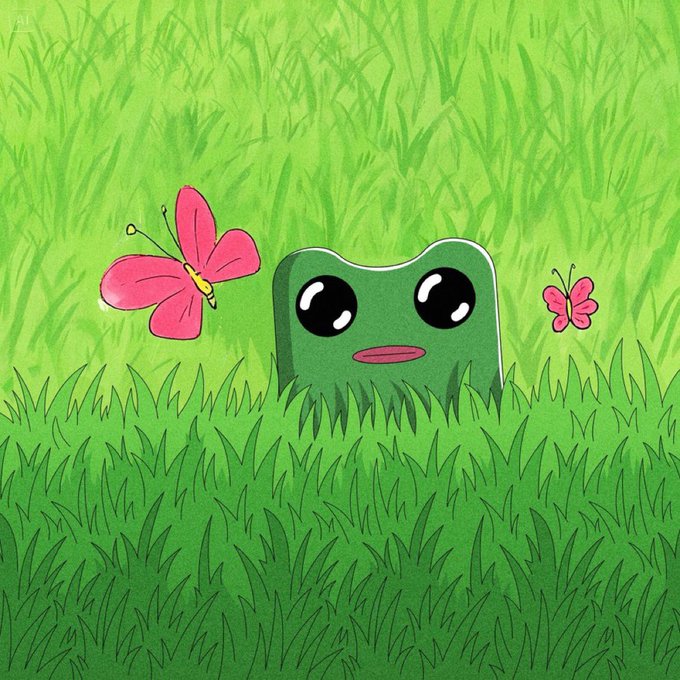 A cute green frog character with big eyes peeks out from tall grass alongside two pink butterflies, creating a cheerful garden scene that matches the optimistic "GM" (good morning) and hump day greeting. The frog's friendly, innocent appearance reflects the casual and encouraging tone of the post, while hinting at the teased "$TA" ticker through the frog-themed imagery ("ta-da" like a reveal).