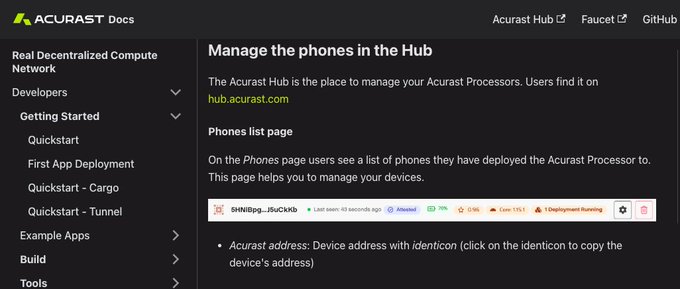 Acurast documentation page titled "Manage the phones in the Hub" explains that the Bin option removes the device from the user's list and deregisters it from Acurast, clarifying the full scope of the action beyond just "cleanup."