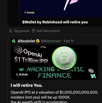 A social media post from Altcoinist dated February 11 shows an "OpenAI $1 Trillion IPO!" graphic with a Bitcoin symbol, while the top of the image advertises "$Wallet by Robinhood will retire you" — visually contrasting the $WALLET token launch against the hype around a potential OpenAI IPO to rally support for the Robinhood-affiliated crypto over competitors like $TIBBIR.