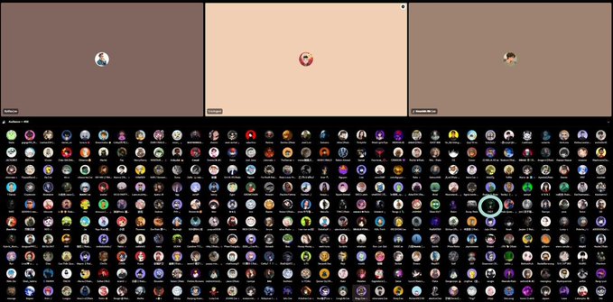 A digital character creation interface displays a character in three preview panels at the top, alongside an extensive grid of small avatar thumbnails below for selecting appearance options.