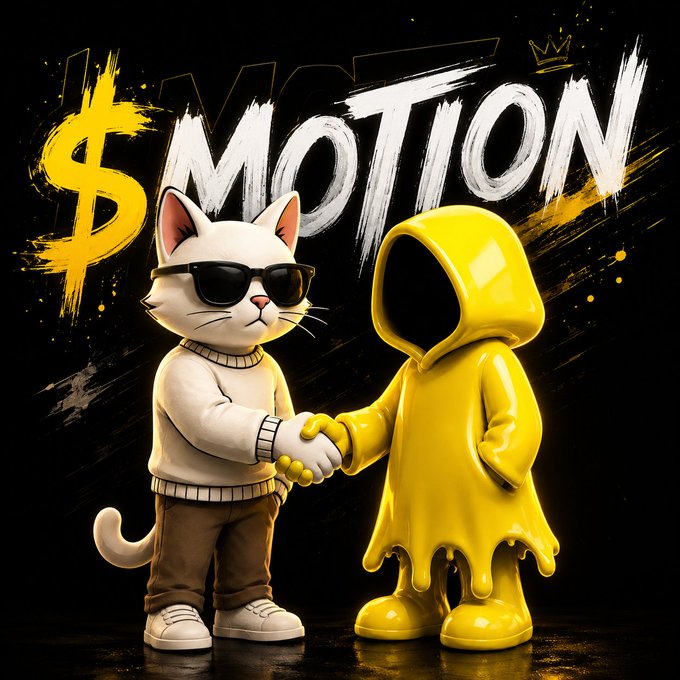 A digital illustration of a white cat wearing sunglasses shaking hands with a yellow hooded figure, set against a black background with the word '$MOTION' and crown graphics.