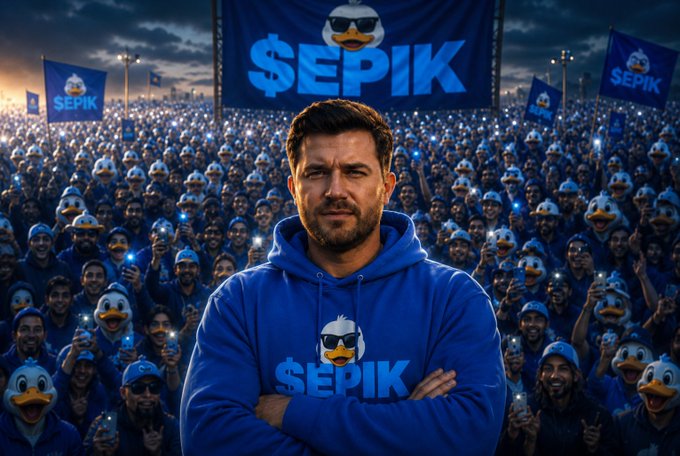 A man in a blue hoodie featuring a duck logo stands confidently with crossed arms in front of a massive crowd holding '$EPIK' banners with the same duck mascot.