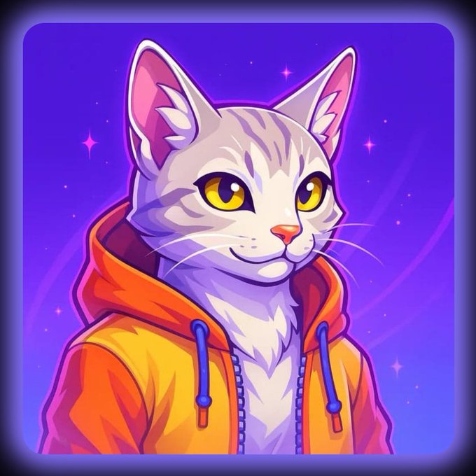 A stylized digital illustration of a gray and white cat with yellow eyes wearing an orange and red hoodie against a purple background with sparkles.