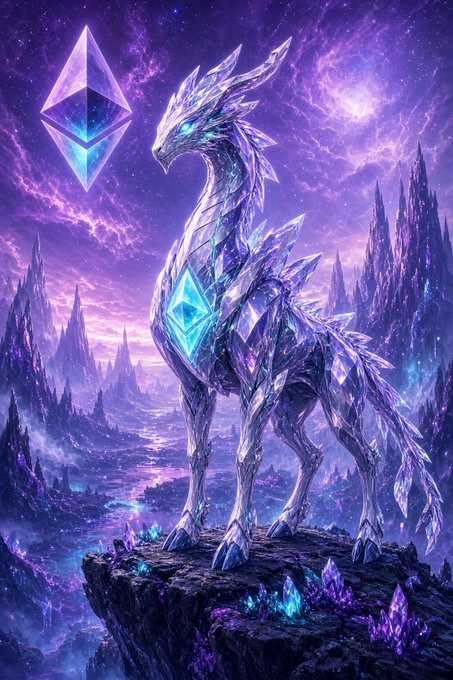 A fantasy digital artwork of a crystalline dragon with glowing blue accents and a diamond-shaped crystal on its chest, standing on a rocky cliff with the Ethereum logo floating in the purple sky above.