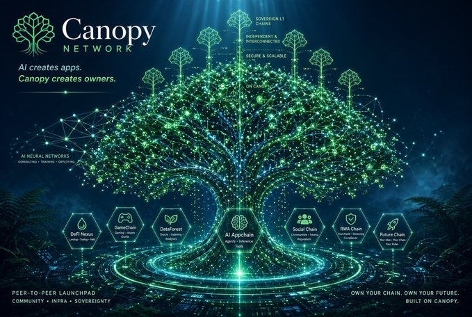 A promotional image for Canopy Network features the tagline 'AI creates apps. Canopy creates owners.' with a glowing green tree illustration displaying features like Soverign L1 Chains, Independent & Interconnected, Secure & Scalable, and AI Neural Networks with chains including DeFi Nexus, GameChain, DataForest, AI Appchain, Social Chain, RWA Chain, and Future Chain.