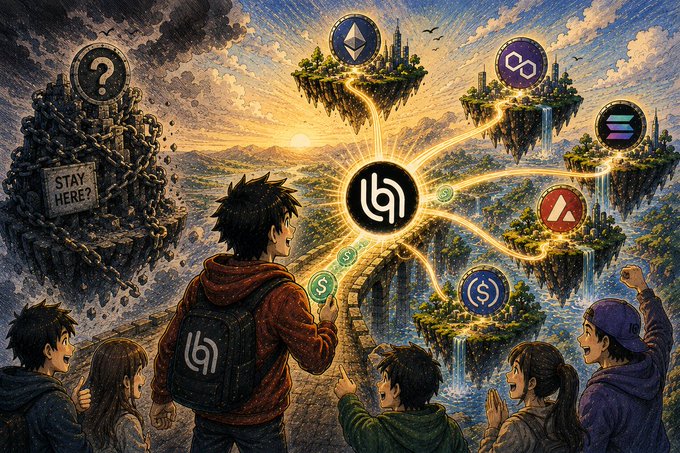 An anime-style illustration showing a group of people looking up at floating islands connected by glowing yellow paths to a central logo, with various crypto project icons (Ethereum, Polygon, Avalanche, etc.) hovering above the islands and a 'STAY HERE?' sign on a dark island to the left.