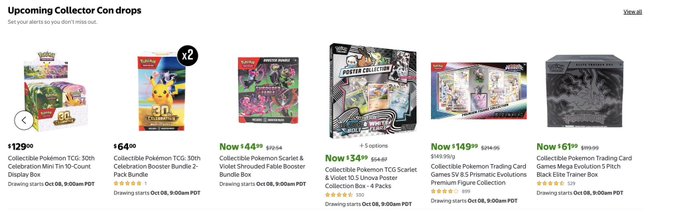 A 'Upcoming Collector Con drops' webpage listing various Pokémon TCG products and their respective prices, starting dates, and pack counts, including 'Celebration Mini Tin', 'Prismatic Evolutions', and 'Mega Evolution 5 Pack'.