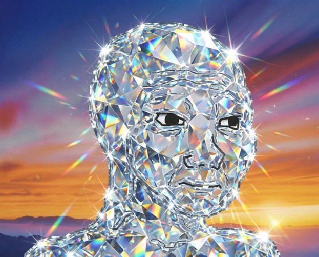 An artistic image of a human head and upper body composed entirely of sparkling, faceted diamond crystals against a colorful sunset sky background.