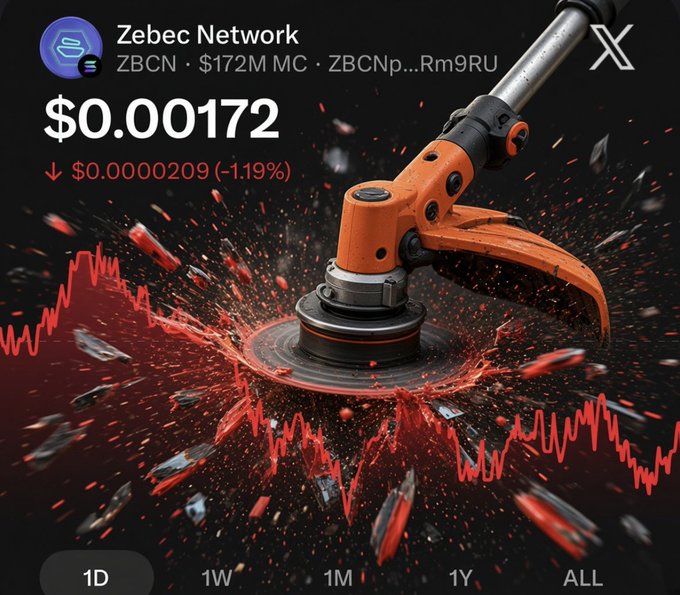 A cryptocurrency price display for Zebec Network (ZBCN) shows a current price of $0.00172, down $0.0000209 (-1.19%), with a 1D chart view, accompanied by a dramatic image of an angle grinder and a downward red price trend line—visually reinforcing the post's lament that despite everything being "done," only the price decline ("crying") remains.