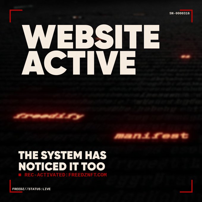 The image is a bold, dark-themed graphic announcing "WEBSITE ACTIVE" with "REC-ACTIVATED: FREEDZNFT.COM" and "STATUS: LIVE" displayed in red and white text, aligning with the post's announcement that the FREEDZ website is now live at freedznft.com. It reinforces the post's mysterious, system-hacking tone with elements like "SN-0000316" and glowing "freedz" and "manifest" text against a dark code-like background.