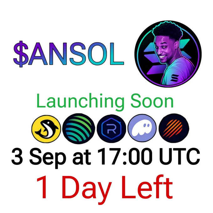 A promotional graphic for the "$ANSOL" token launch, featuring a cartoon avatar and a countdown that reads "Launching Soon," "3 Sep at 17:00 UTC," and "1 Day Left," accompanied by Solana ecosystem logos (Jupiter, Mango, RavenQuest, Ghost, etc.). The image visually supports the accompanying post by advertising the upcoming airdrop, urging users to follow, comment, and drop their Solana wallet for a chance at the 2,000,000 $ANSOL reward pool.