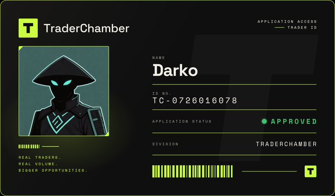 The image shows an "Application Access" card for TraderChamber, displaying an approved trader profile for "Darko" with ID No. TC-0726016078, under the TraderChamber division. The card features a hooded character illustration with glowing eyes and the tagline "Real Traders. Real Volume. Bigger Opportunities," visually confirming the milestone of being accepted as an Approved Trader on the platform as mentioned in the post.