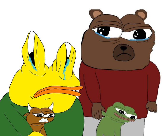 A cartoon meme image of a brown bear in a red sweater and a yellow duck-like character in a green shirt, both crying, with small stitched creatures beside them.