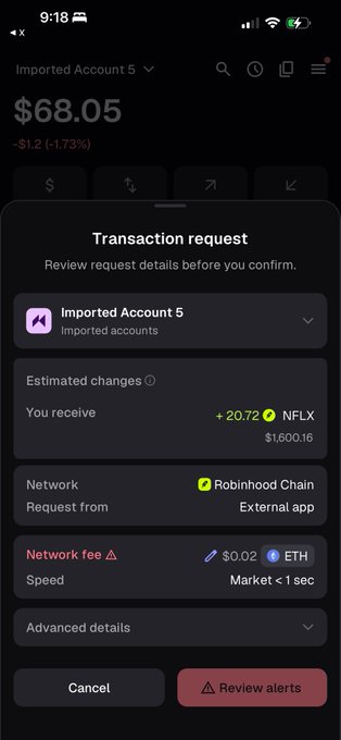 A mobile screenshot showing a MetaMask transaction request to import Account 5 with an estimated receipt of +20.72 NFLFLX ($1,600.16) on Robinhood Chain, with a $0.02 ETH network fee and a "Review alerts" warning button—suggesting the user needs to approve an external app request to claim tokens from Pons using their ETH.