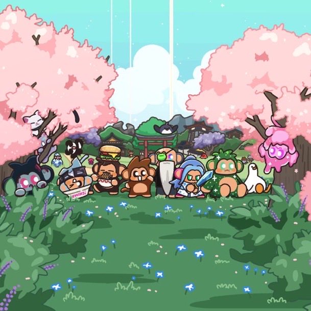 A colorful cartoon scene showing a group of cute characters gathered in a grassy field framed by pink cherry blossom trees, with a torii gate in the background.