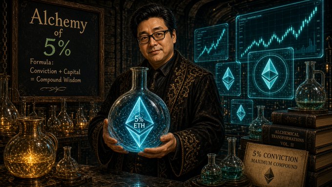 An alchemist labeled "Alchemy of 5% — Formula: Conviction + Capital = Compound Wisdom" holds a glowing vial marked "5% ETH," visually echoing the post's claim that Tom Lee's Bitmine Immersion Technologies is 97% of the way to owning 5% of all Ether (5.93M ETH, ~$14.8B). The Ethereum logos, candlestick patterns, and "Alchemical Transformation Vol. II" volume in the scene frame Bitmine's ETH hoard as the final ingredient in completing this so-called 5% alchemy.