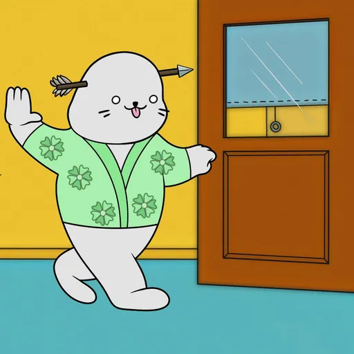 A cartoon illustration of a cute white seal-like character wearing a green floral robe with an arrow through its head, waving near a brown door with a window.
