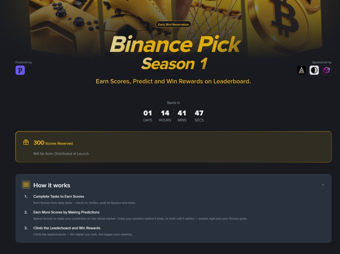 A promotional graphic for 'Binance Pick Season 1' featuring a Bitcoin symbol, gaming controller imagery, and sponsor logos including Apex and MoonPay, with a countdown timer showing 01 days, 14 hours, 41 minutes, 47 seconds until launch.