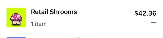 An online order listing for "Retail Shrooms" priced at $42.36 for 1 item, featuring a pink mushroom icon on a lime green background.