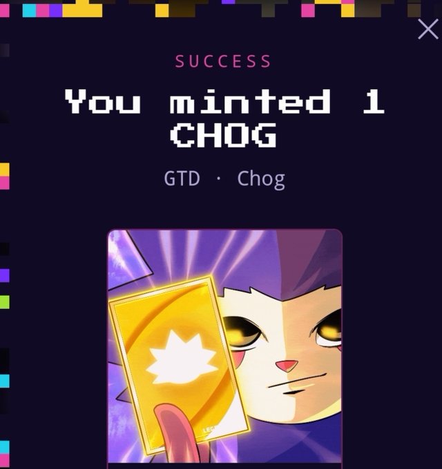 A digital 'SUCCESS' screen displays 'You minted 1 CHOG' with the text 'GTD • Chog' and features an illustration of a purple-haired cat-like character holding a glowing yellow card.