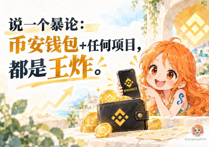 An anime-style promotional illustration featuring an orange-haired girl pointing at a Binance wallet and phone, surrounded by BNB coins, with Chinese text promoting the Binance Web3 wallet by @qingerqq2024.