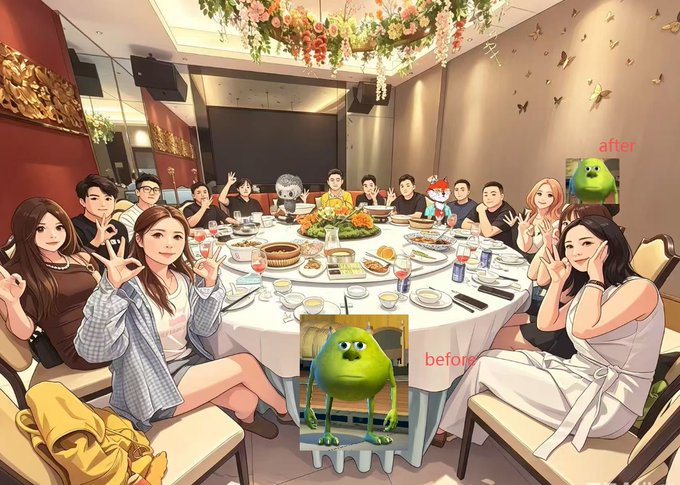 The image depicts a lively banquet gathering with friends posing around a large dining table, illustrating the early days of community building mentioned in the XCLUB Evolution post. Two small inset photos labeled "before" and "after" show the green Mike Wazowski character, adding a playful comparison element to the scene.