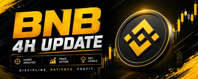 A promotional graphic for a 'BNB 4H UPDATE' featuring a gold Binance coin icon, a candlestick chart, and text highlighting 'CHART ANALYSIS', 'PRICE ACTION', and 'KEY LEVELS' with the tagline 'DISCIPLINE. PATIENCE. PROFIT.'