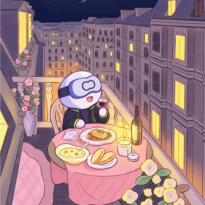 An illustration of a cute astronaut character wearing a VR headset, enjoying a romantic candlelit dinner with wine, pasta, and bread on a balcony overlooking a city at night.
