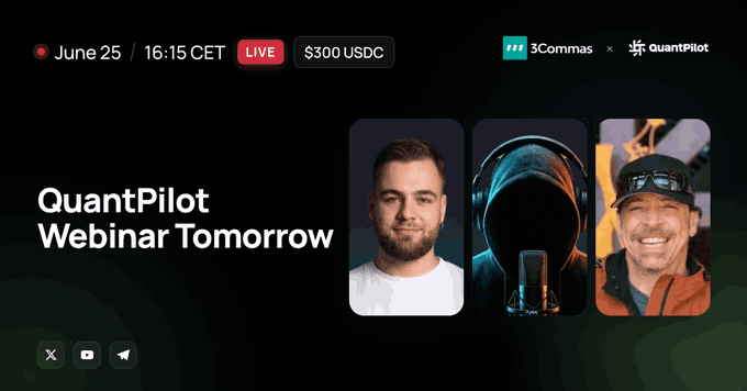 The image shows a screenshot of an event featuring a man wearing a white shirt, seated behind a microphone with headphones. The man's face can be seen, but his expression and hair style are not clear. He appears to be partaking in a live webinar or online presentation related to QuantPilot.