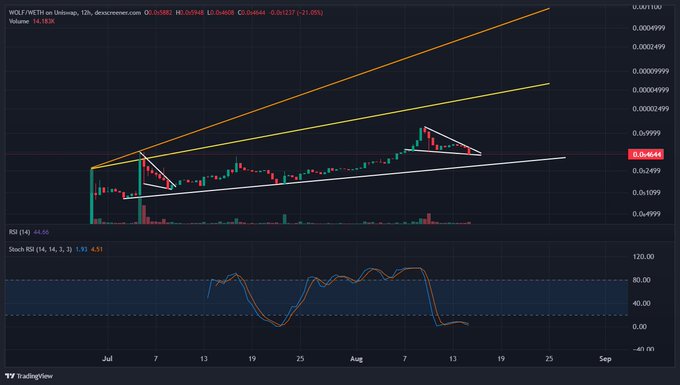 A 12-hour TradingView candlestick chart for WOLF/WETH on Uniswap showing technical analysis with trend lines, RSI, and Stochastic indicators.