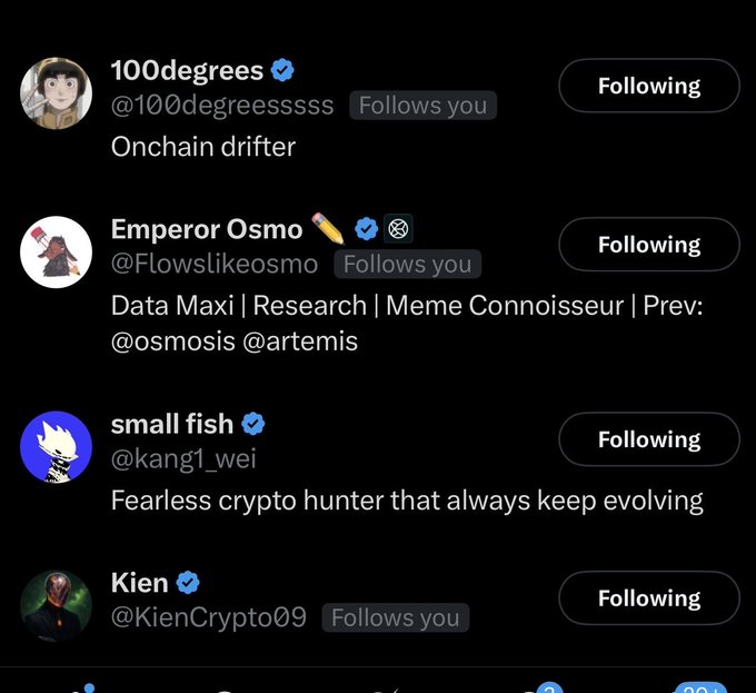 A screenshot of Twitter/X profiles showing users being followed by Emperor Osmo (@Flowslikeosmo), including 100degrees (@100degreessss), small fish (@kang1_wei), and Kien (@KienCrypto09), each marked with "Follows you" badges. The image is used to support the claim that Emperor Osmo, described as a DeFi OG, is followed by major crypto accounts.