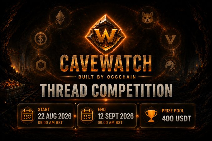 A promotional banner for the 'CAVEWATCH THREAD COMPETITION BUILT BY OGGCHAIN,' showing a start date of 22 Aug 2026, end date of 12 Sept 2026, and a 400 USDT prize pool, with cryptocurrency logos surrounding a central 'W' emblem.