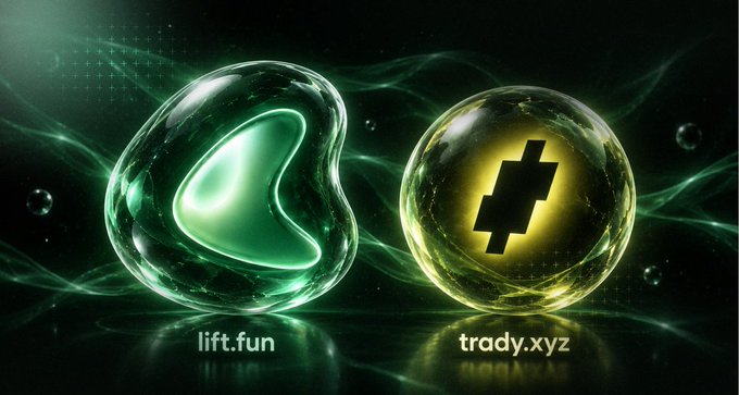 Two glowing orbs on a dark green background; the left is a green sphere labeled 'lift.fun' and the right is a golden sphere with a lightning bolt symbol labeled 'trady.xyz'.